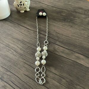 New silver tone, pearl chain with matching earrings